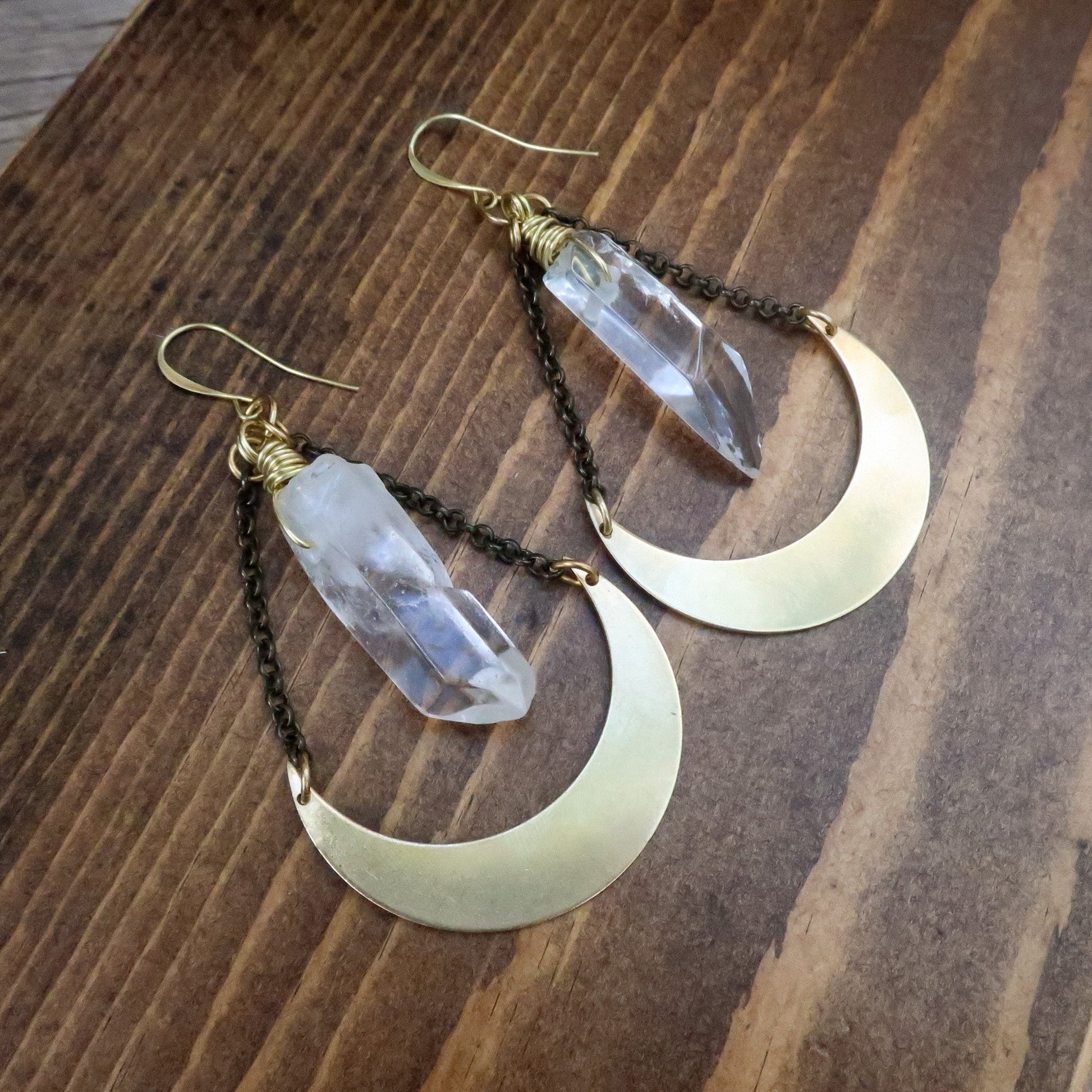 Energy Amplifier Quartz Moon Earrings | Brass - Blackbird & Sage