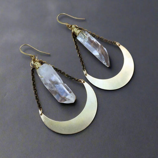 Energy Amplifier Quartz Moon Earrings | Brass - Blackbird & Sage