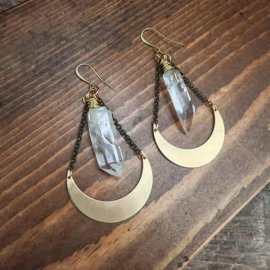 Energy Amplifier Quartz Moon Earrings | Brass - Blackbird & Sage