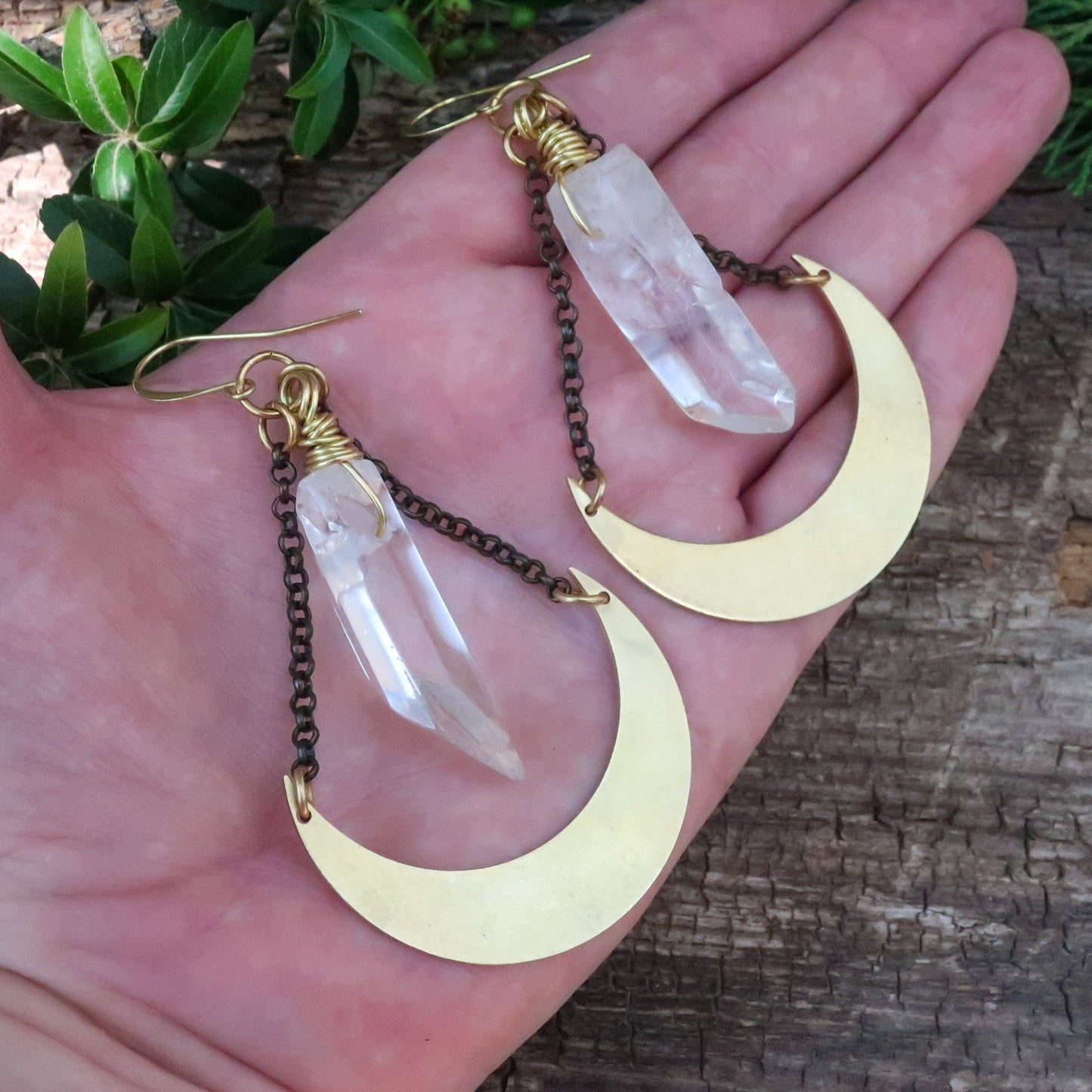 Energy Amplifier Quartz Moon Earrings | Brass - Blackbird & Sage