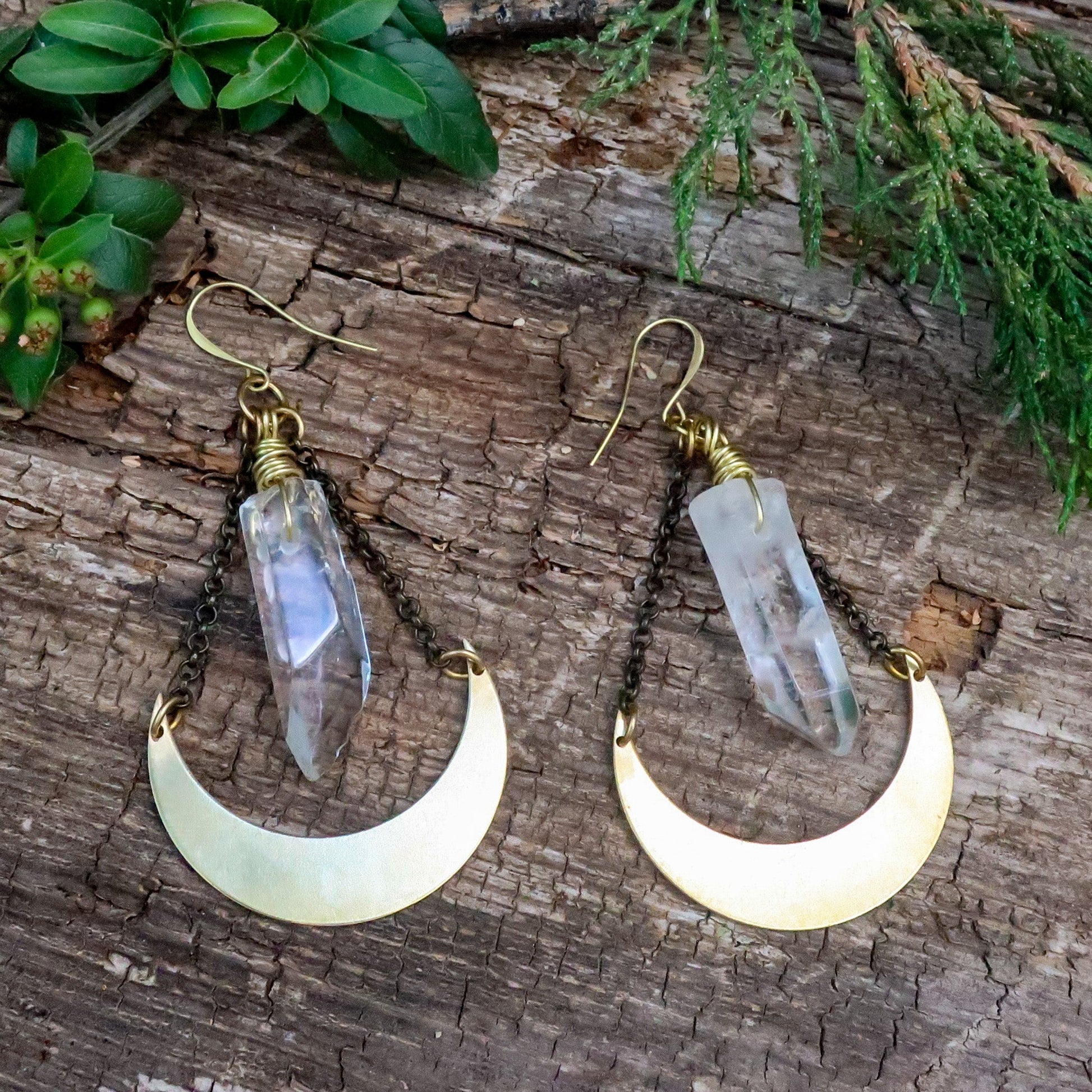 Energy Amplifier Quartz Moon Earrings | Brass - Blackbird & Sage