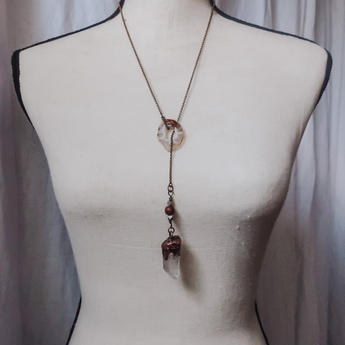 Quartz Lariat Necklace - Brass & Copper - Blackbird & Sage