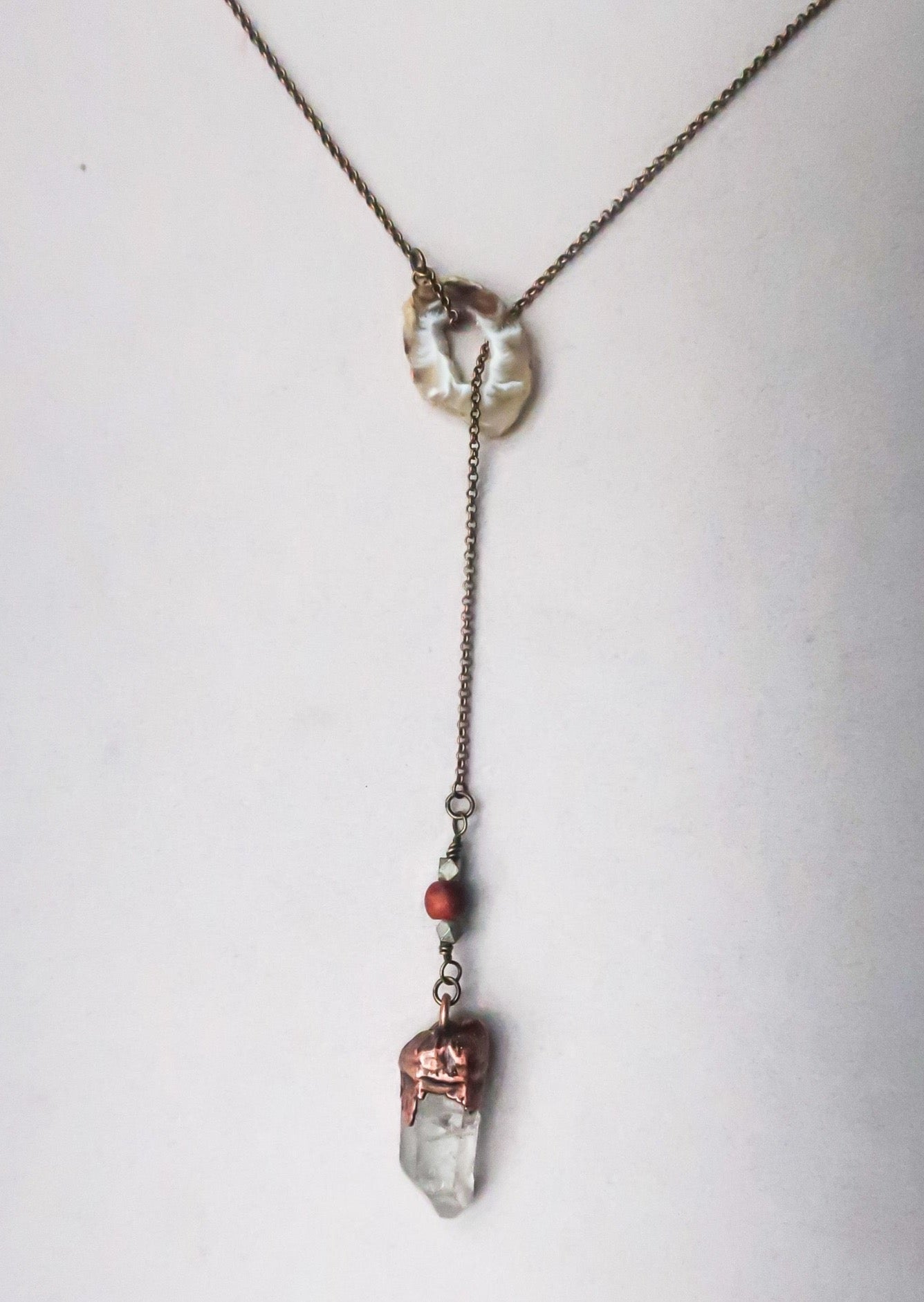 Quartz Lariat Necklace - Brass & Copper - Blackbird & Sage