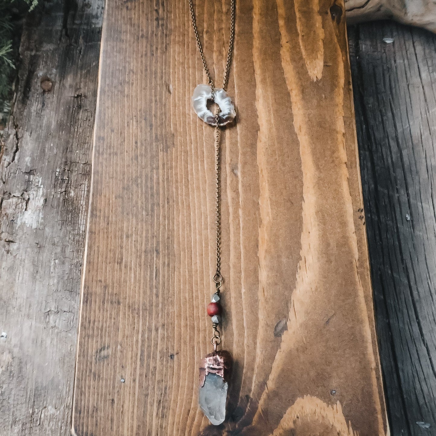 Quartz Lariat Necklace - Brass & Copper - Blackbird & Sage