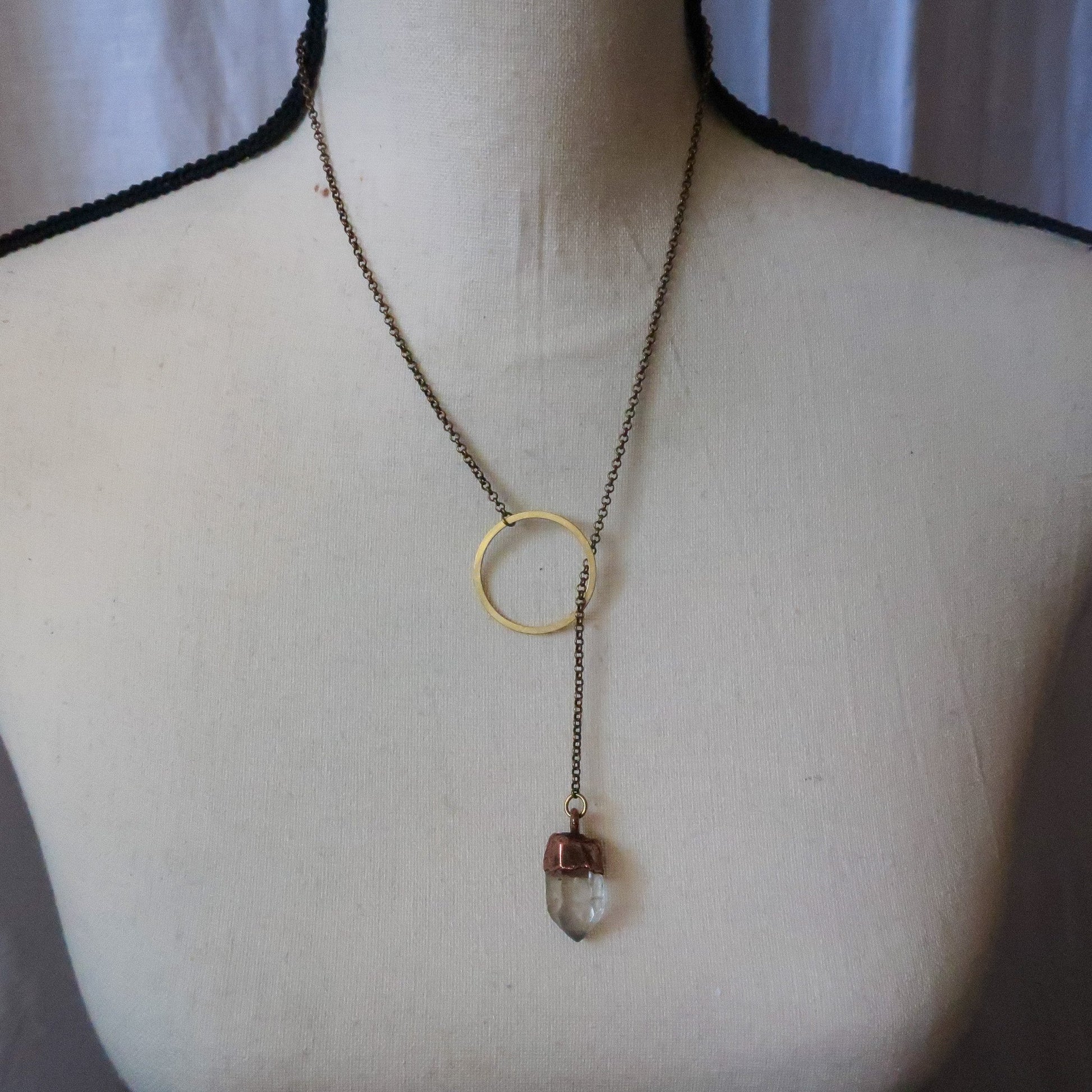 Quartz Point Lariat Necklace - Brass & Copper - Blackbird & Sage