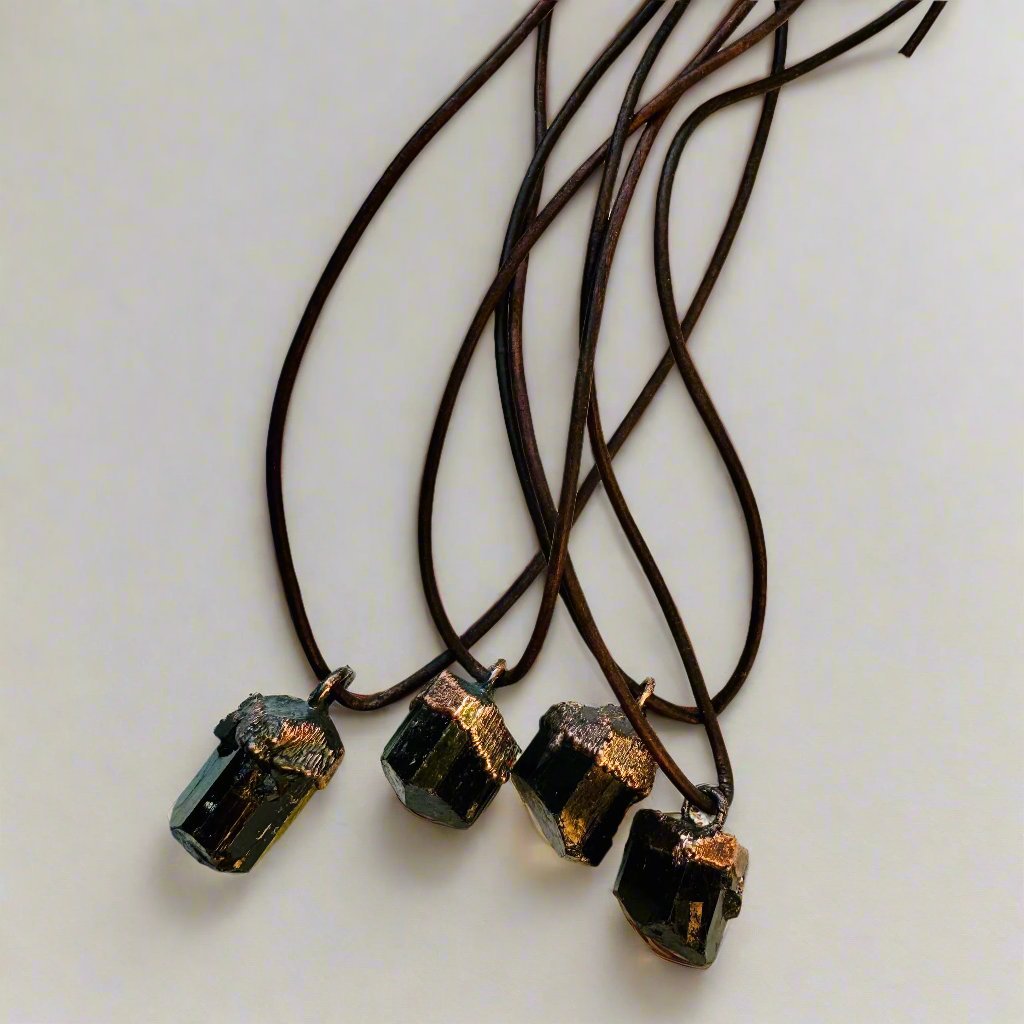 Raw Black Tourmaline Necklace | Copper & Leather - Blackbird & Sage