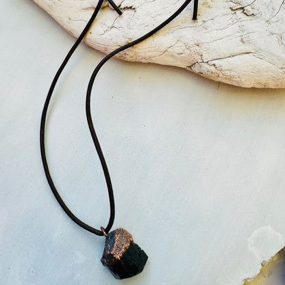 Raw Black Tourmaline Necklace | Copper & Leather - Blackbird & Sage