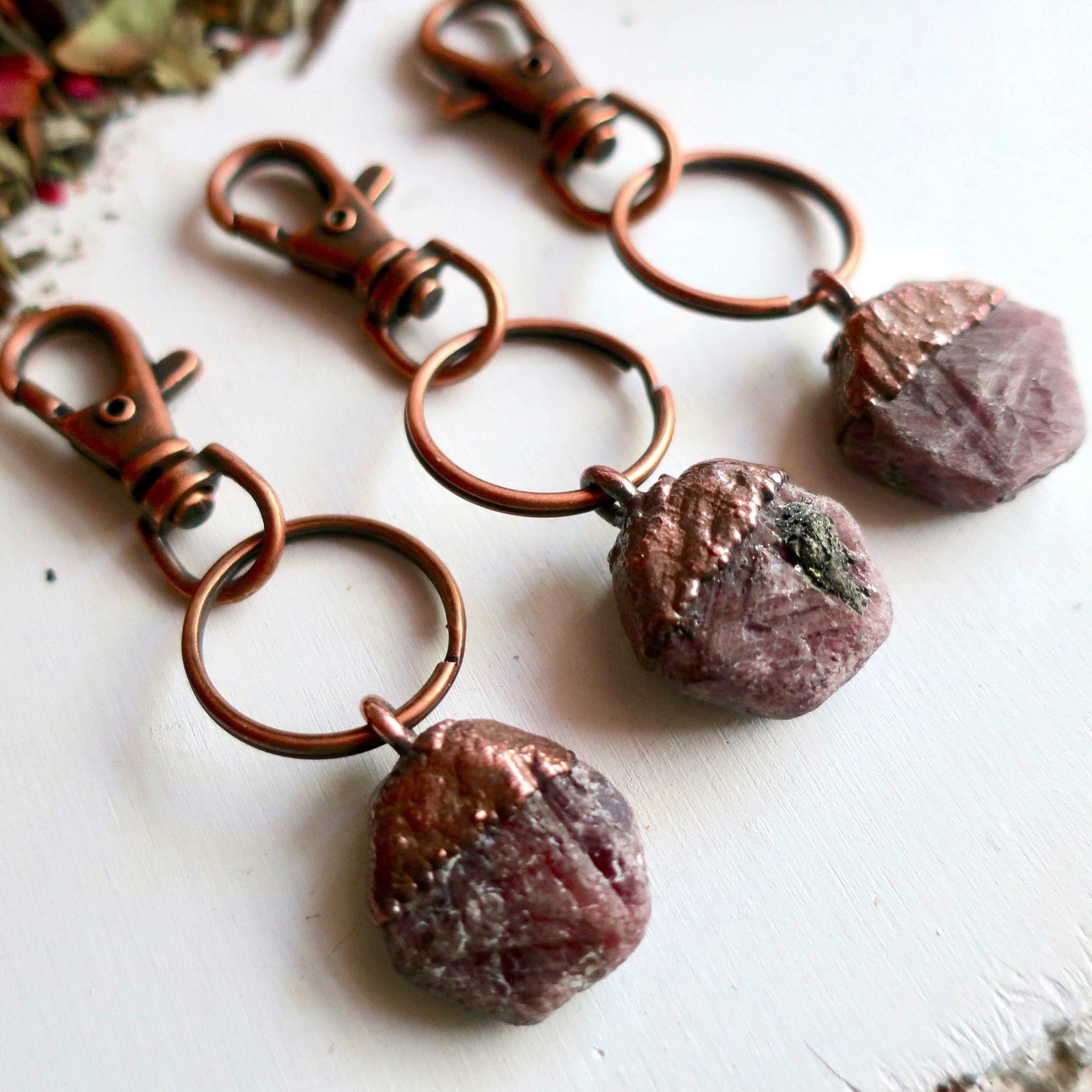 Raw Ruby Crystal Keychain | Copper - Blackbird & Sage