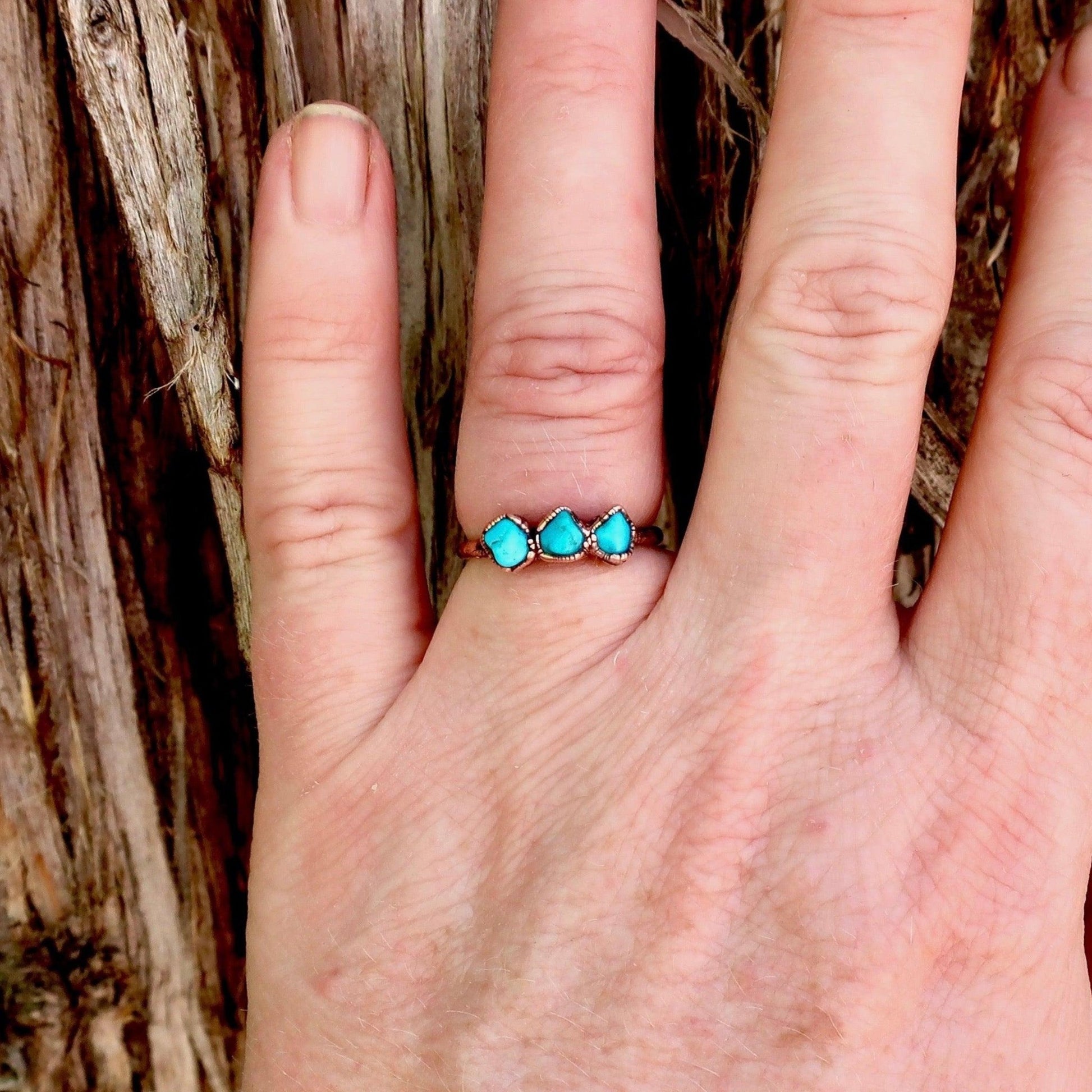 Raw Sonoran Turquoise 3 Stone Copper Ring - Blackbird & Sage