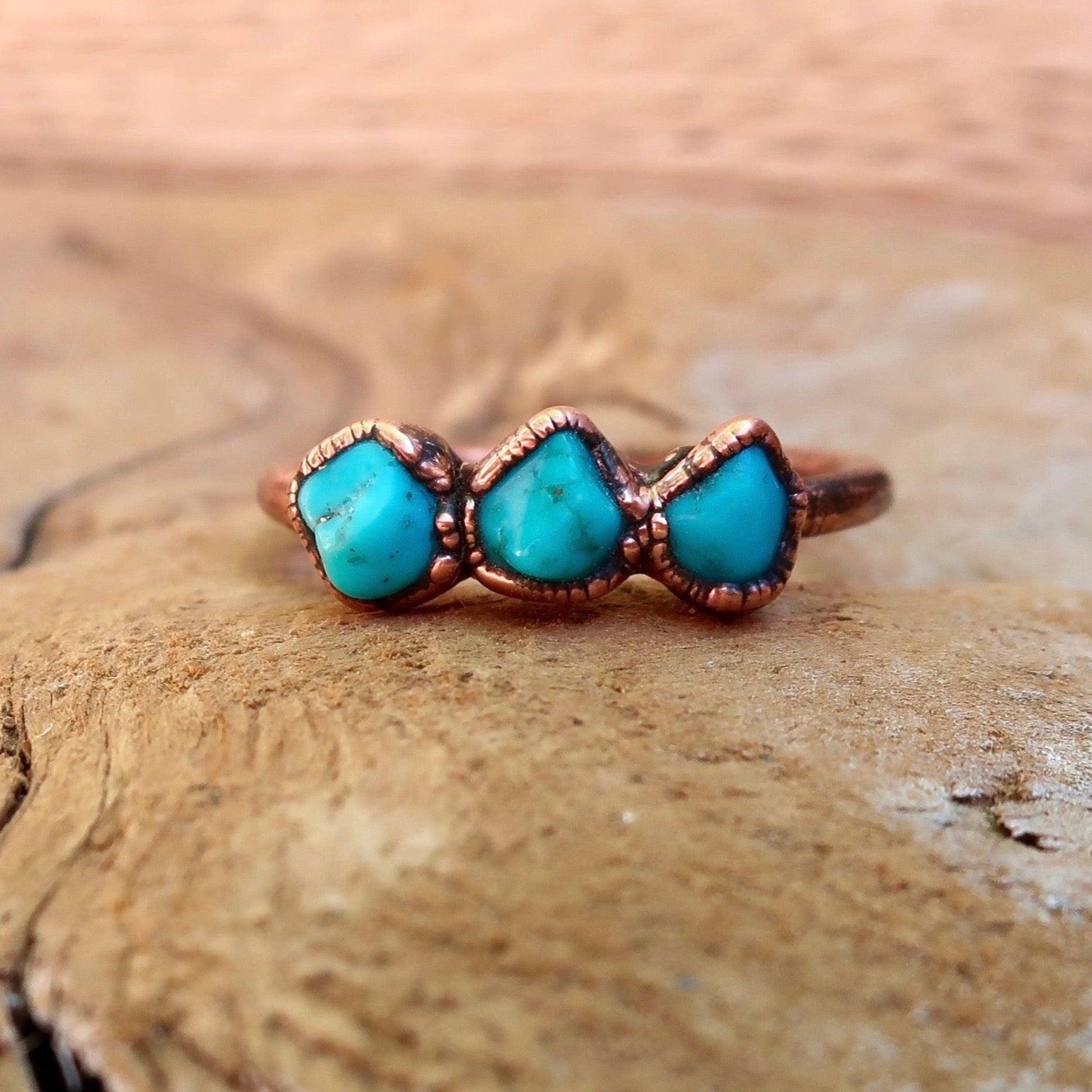 Raw Sonoran Turquoise 3 Stone Copper Ring - Blackbird & Sage