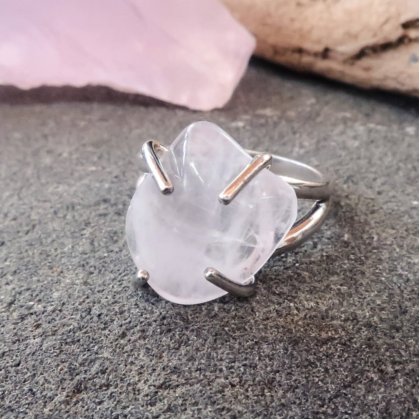 Rose Quartz Tumbled Stone Ring | Sterling Silver | Size 7 - Blackbird & Sage