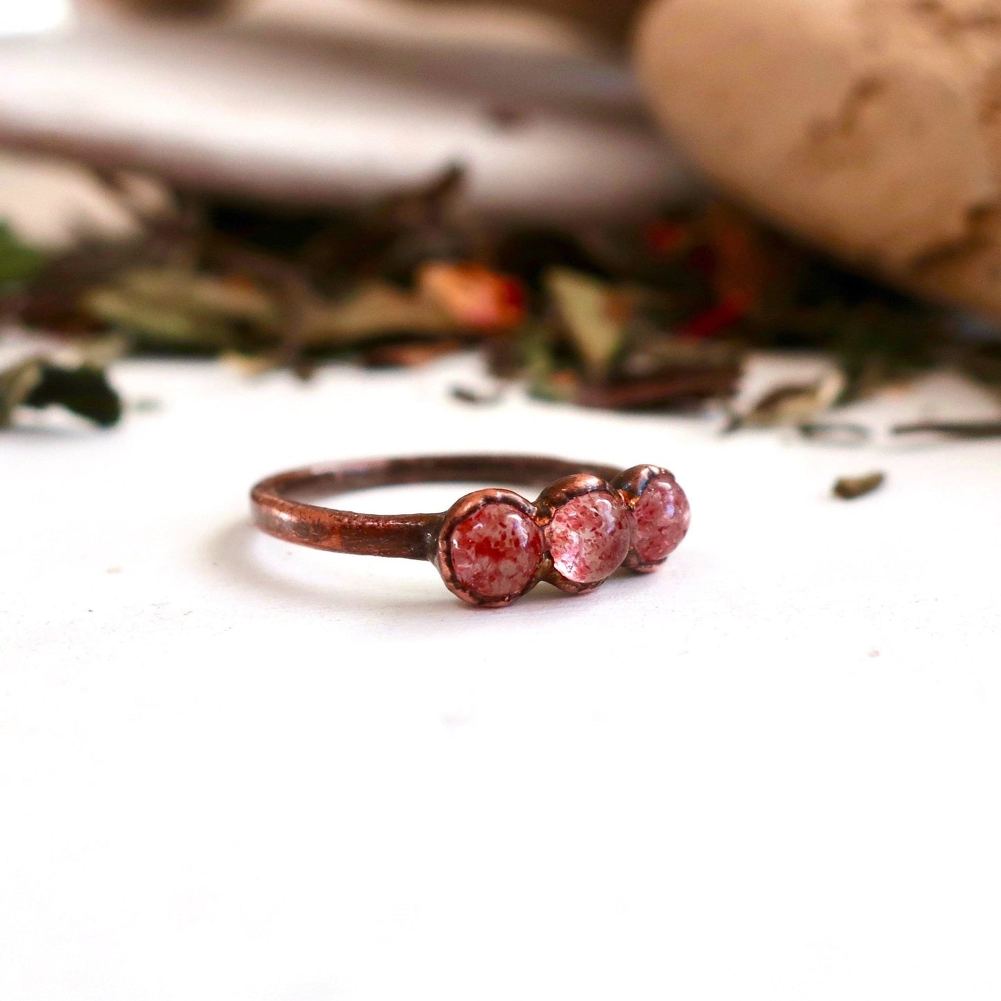 Strawberry Quartz 3 Stone Ring | Copper | Size 6.75 - Blackbird & Sage