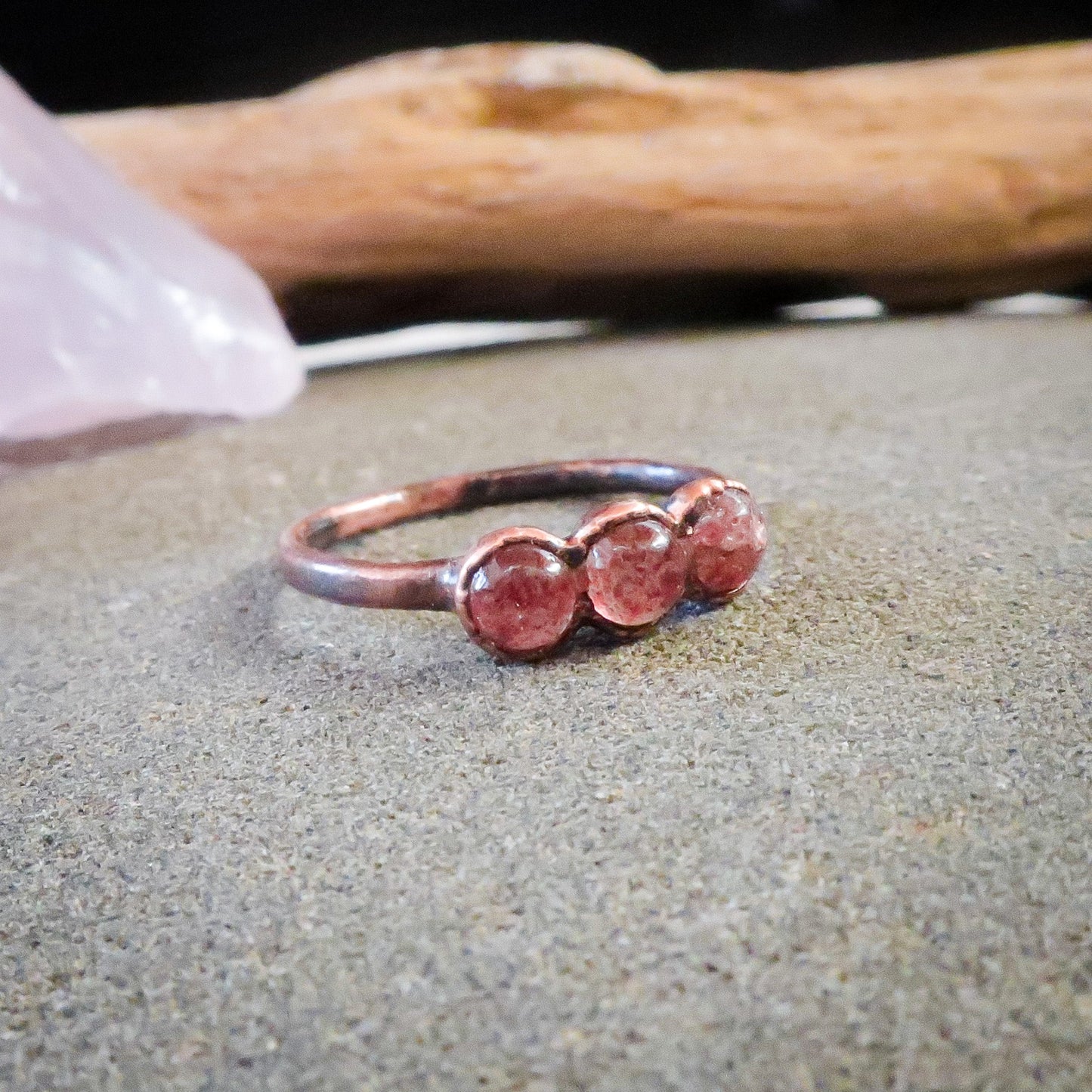 Strawberry Quartz 3 Stone Ring | Copper | Size 6.75 - Blackbird & Sage