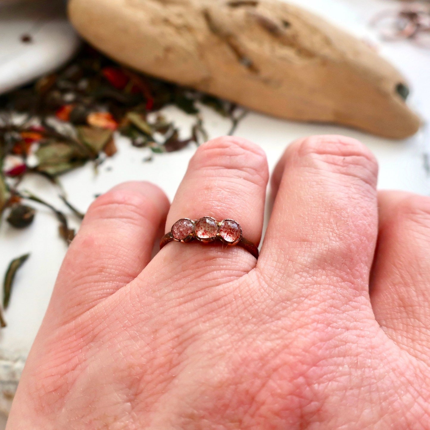 Strawberry Quartz 3 Stone Ring | Copper | Size 6.75 - Blackbird & Sage